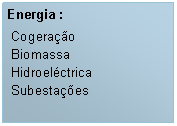 Caixa de texto: Energia : Cogera��o
 Biomassa Hidroel�ctrica Subesta��es